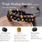 Triple Protection Bracelet for Men Women, Genuine Premium Tiger Eye Black Onyx and Lava Rock 8mm Handmade Bead Bracelet Healing Crystal Protection Bracelets Bring Luck and Prosperity and Happiness
