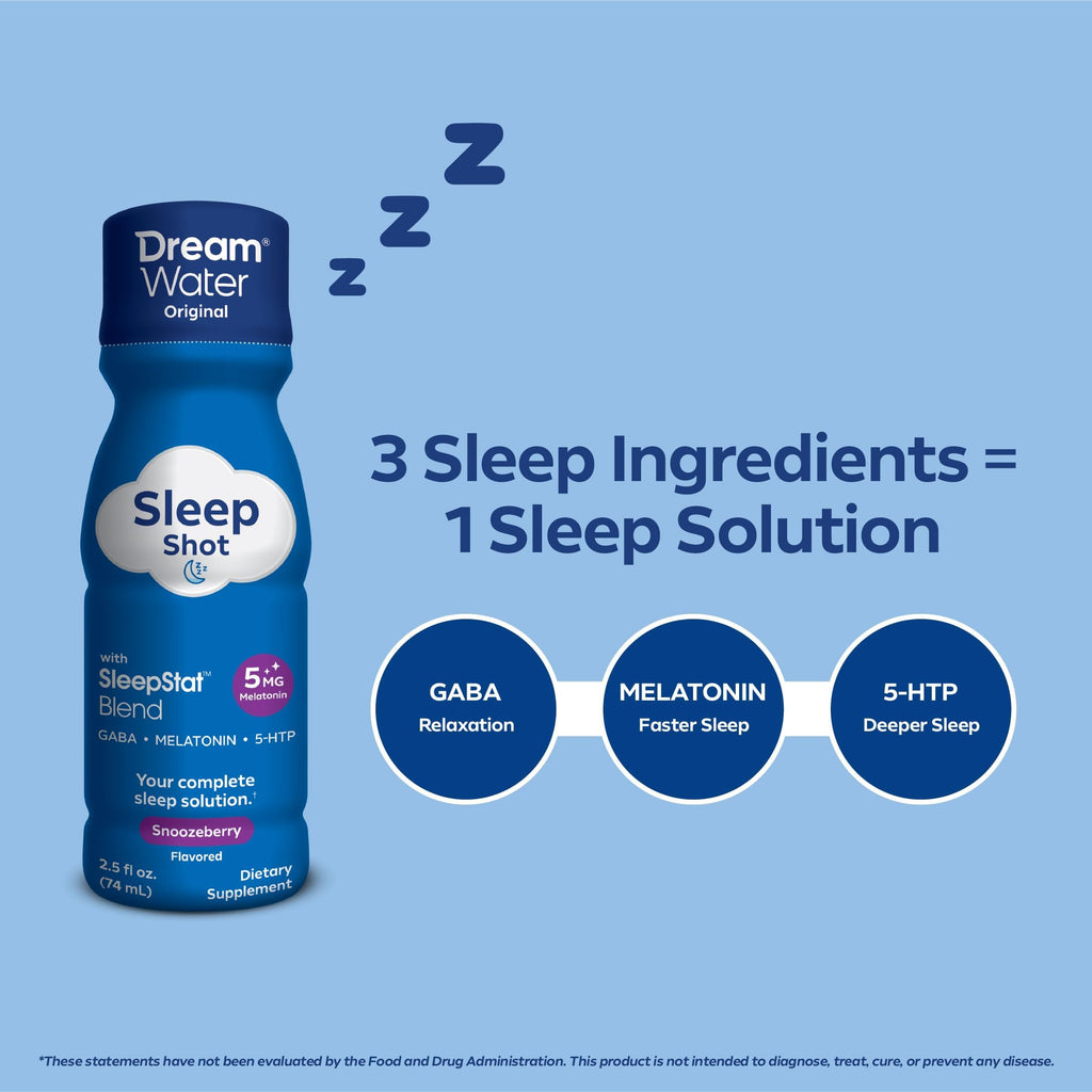 Dream Water Sleep Shots (12 Count) Sleep Aids for Adults - 5mg Melatonin, GABA, 5-HTP - Natural Snoozeberry Flavor (Blue Raspberry) - Liquid Melatonin Supplement - Zero Sugar & Gluten Free - 2.5 oz