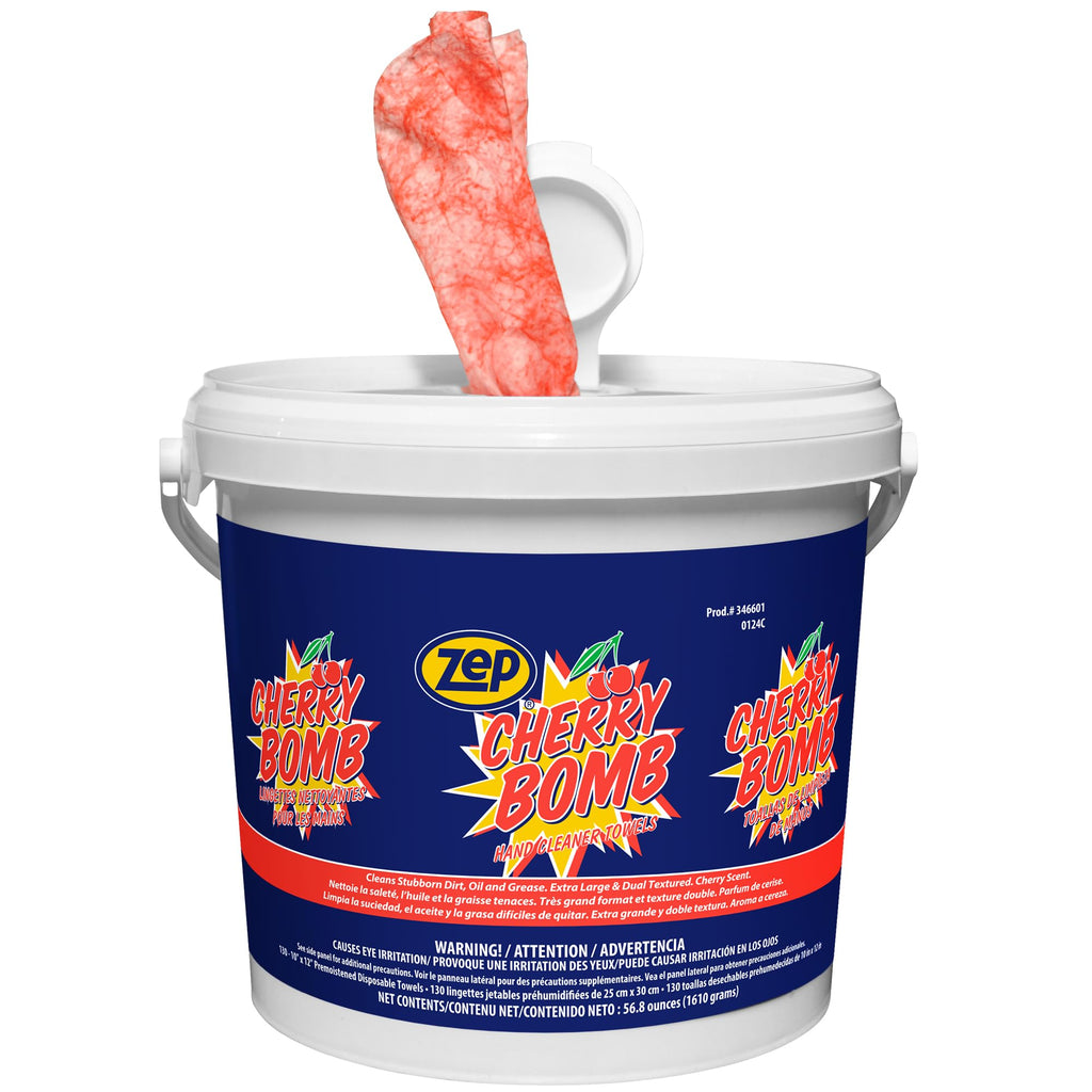 Zep Cherry Bomb Hand Cleaner Towels - 130 Towels Per Bucket (Case Of 4) 346601 Removes Stubborn Industrial Soils Such As Grease, Tar, Ink, Paints and More