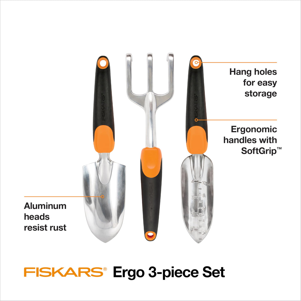 Fiskars 3-Piece Garden Hand Tools Set w/ Trowel, Transplanter & Cultivator