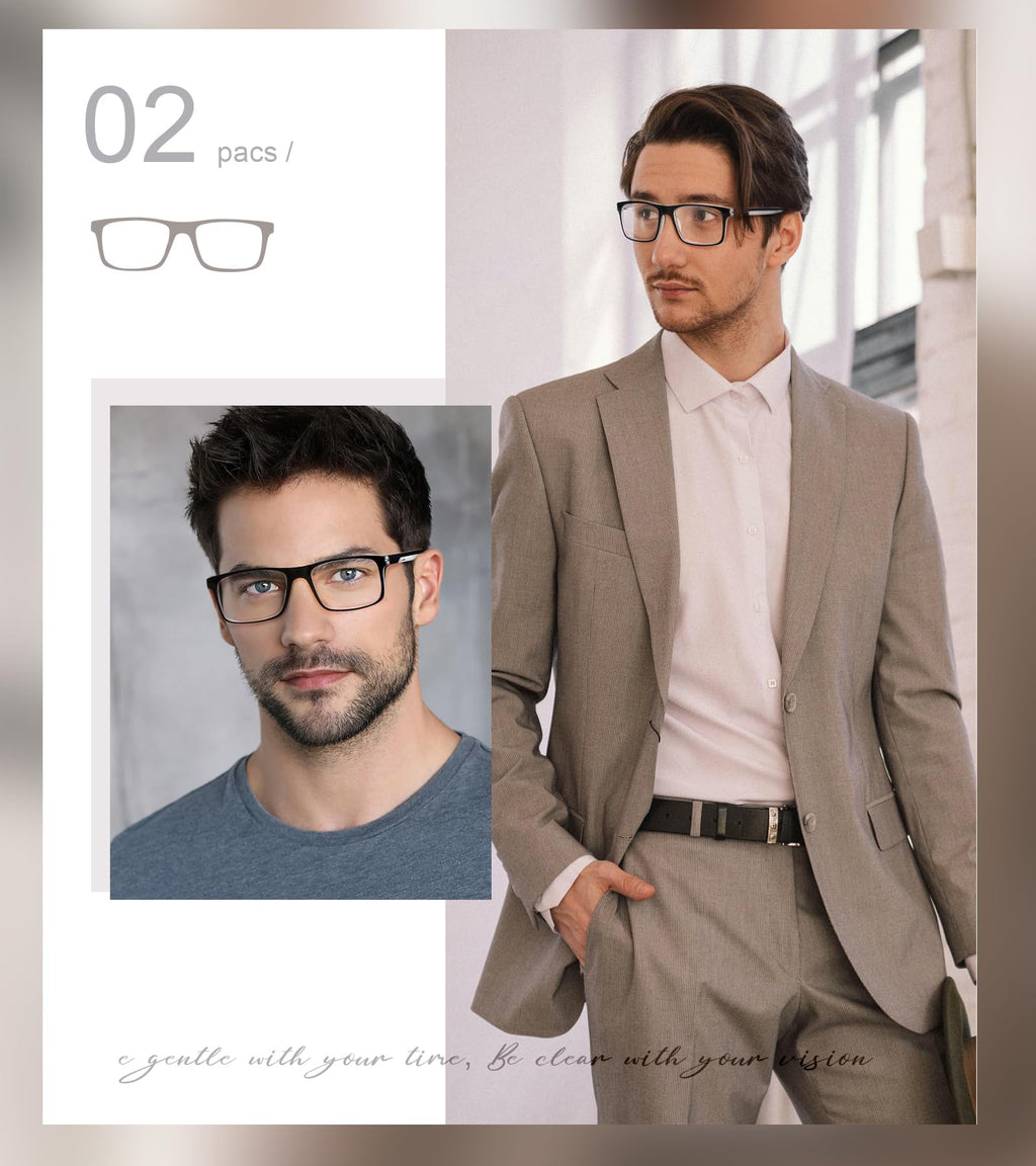 Missfive 2-Pack Mens Light Multifocus Progressive Reading Glasses Blue Light Blocking, Multifocal Spring Hinge No-Line Trifocal Readers Black Eyeglasses(Workspace For Near Range, +2.5)