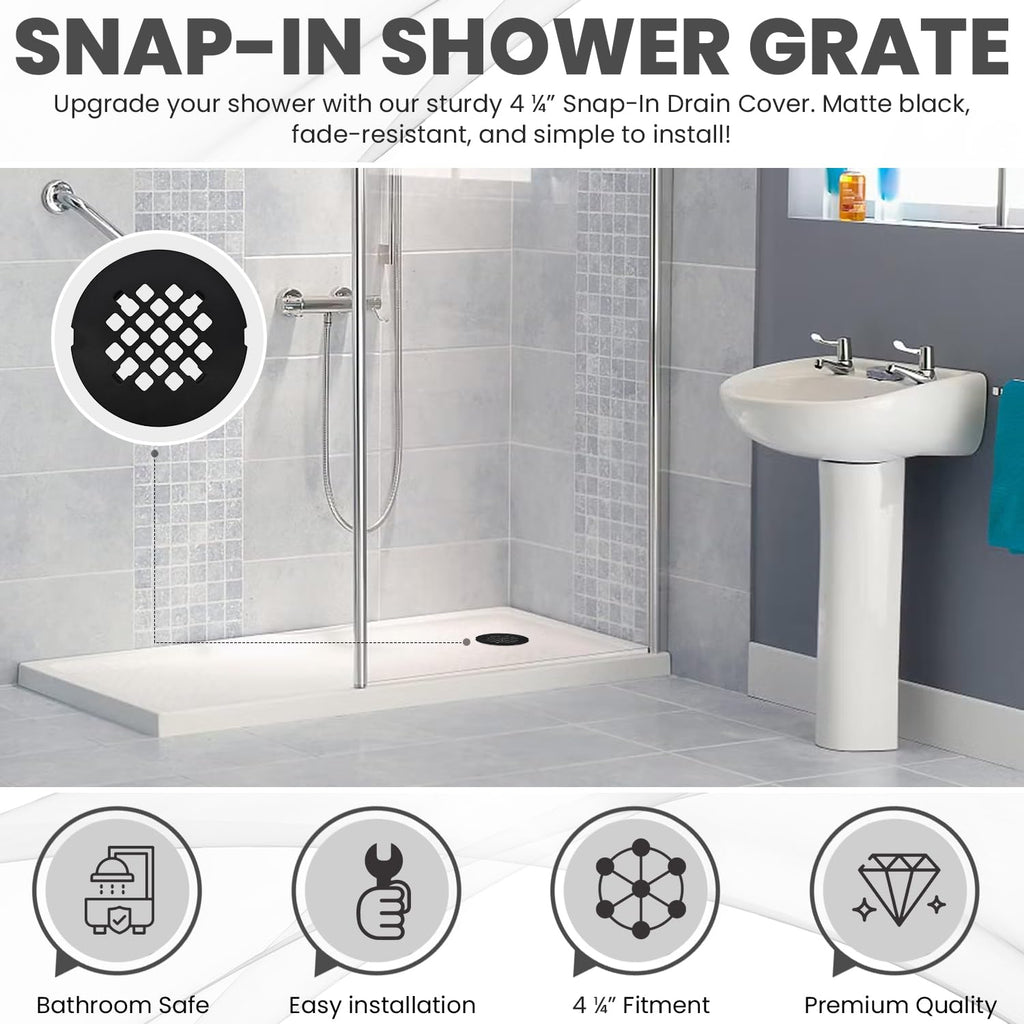 LXLOTUS 4 ¼” Matte Black Snap-in Shower Drain Cover - Premium Round Black Grate Replacement - 4.25" OD Strainer - Easy Install - Durable Solid Brass Construction