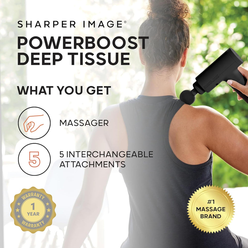 Sharper Image Deep Tissue Percussion Massage Gun, Powerboost Rechargeable Handheld Massager, 6 Adjustable Speeds, 5 Attachment Heads & Carrying Case, Full Body Muscle Pain Relief, Black