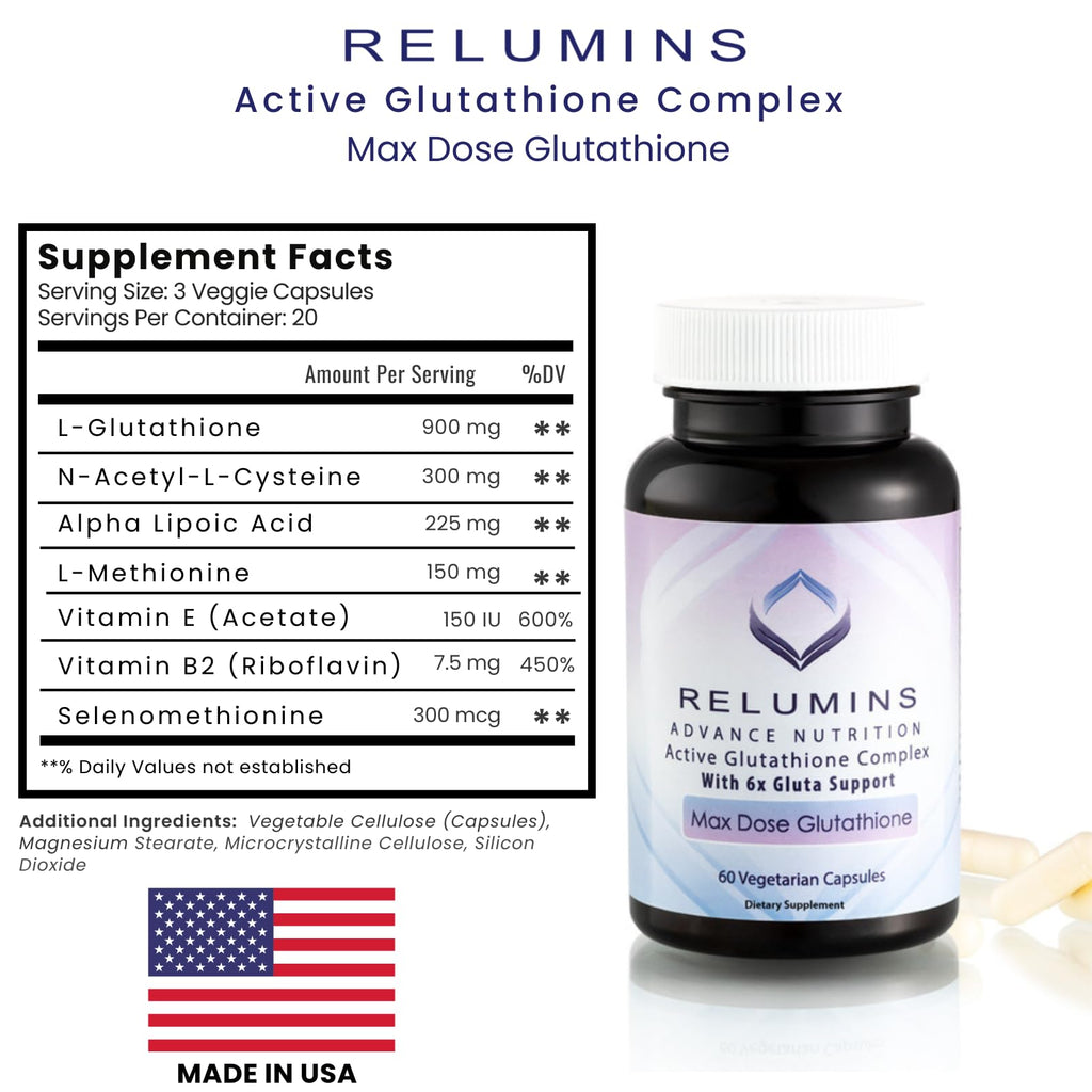 Relumins Advance White Active Glutathione Complex - Max Dose 900mg Glutathione with 6X Boosters, ALA & NAC - Summer Glow Wellness Anti-Aging Skin Supplement - 60 Capsules (30 Servings)