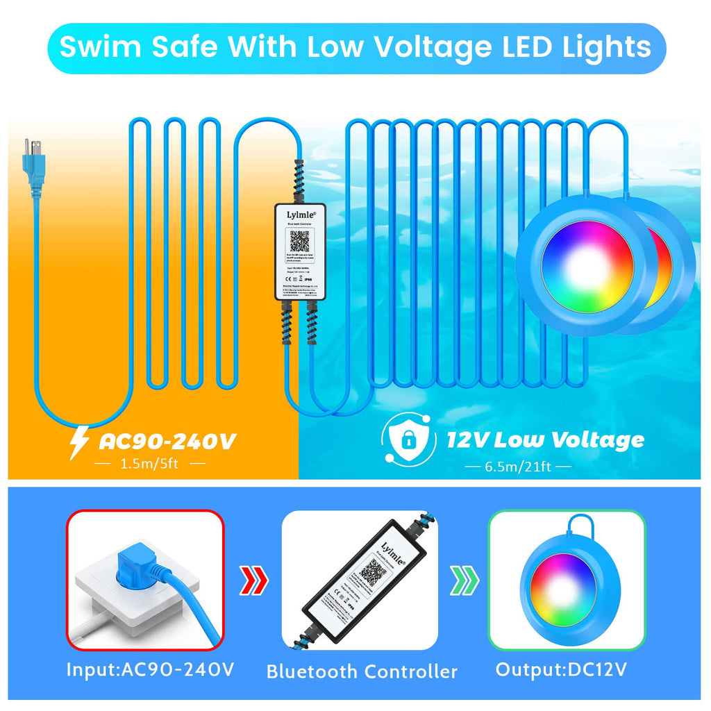LyLmLe LED Pool Lights 50W Double Lights for Giant Pools, 12V APP Control Underwater Light with Magnet & Timer, 2000lm, IP68 Waterproof Submersible Light for Aboveground and Inground Pools