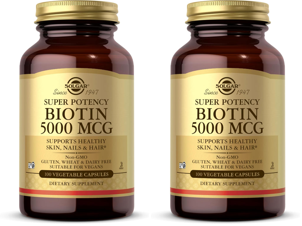 Solgar Biotin 5000 mcg,100 Veg Caps-Promote Healthy Skin,Nails&Hair-Supports Energy Production,Protein,Carbohydrate&Fat Metabolism-Vitamin B-Non GMO,Vegan,Gluten Free-100 Servings,(Pack of 2)