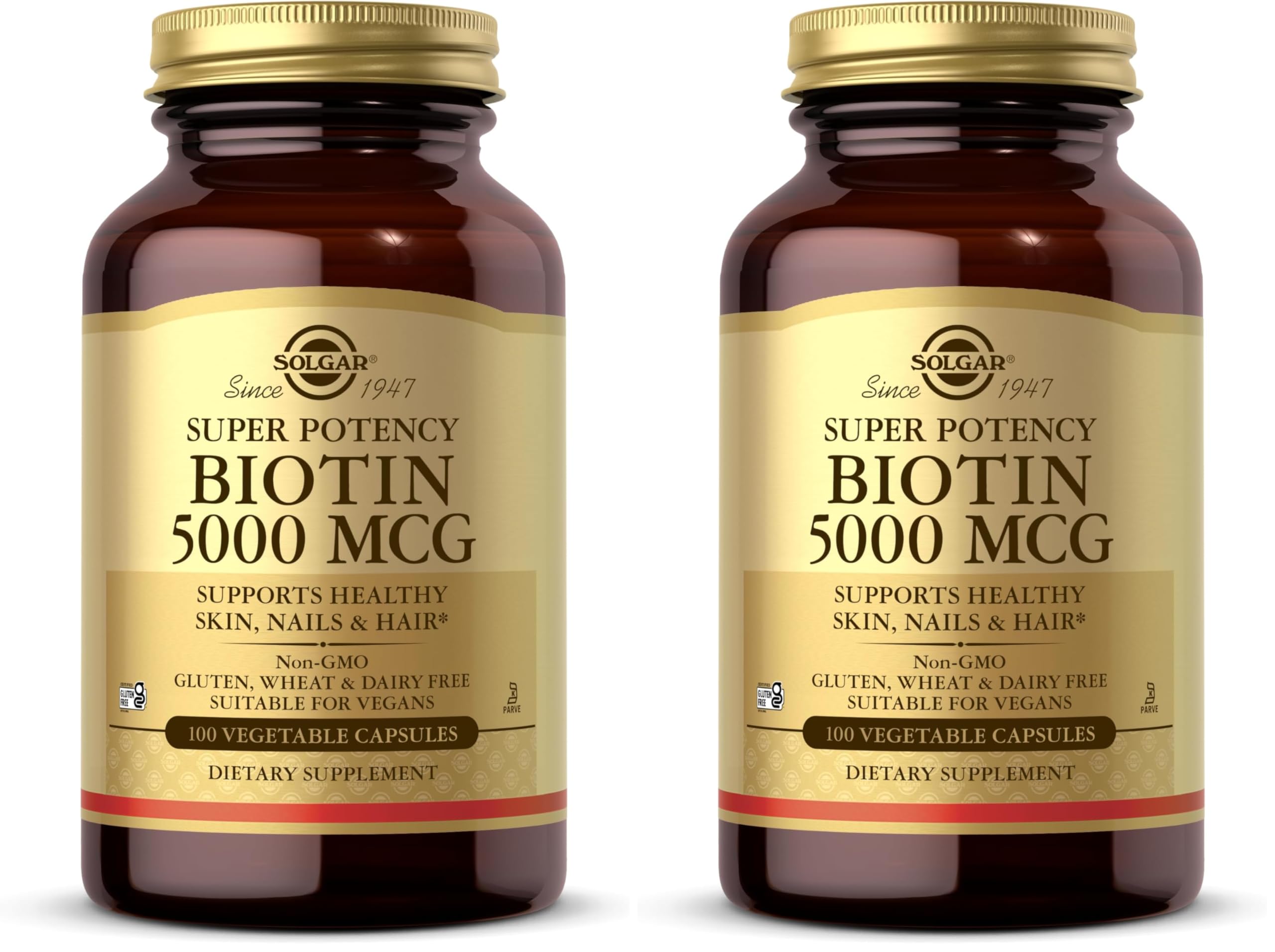 Solgar Biotin 5000 mcg,100 Veg Caps-Promote Healthy Skin,Nails&Hair-Supports Energy Production,Protein,Carbohydrate&Fat Metabolism-Vitamin B-Non GMO,Vegan,Gluten Free-100 Servings,(Pack of 2)