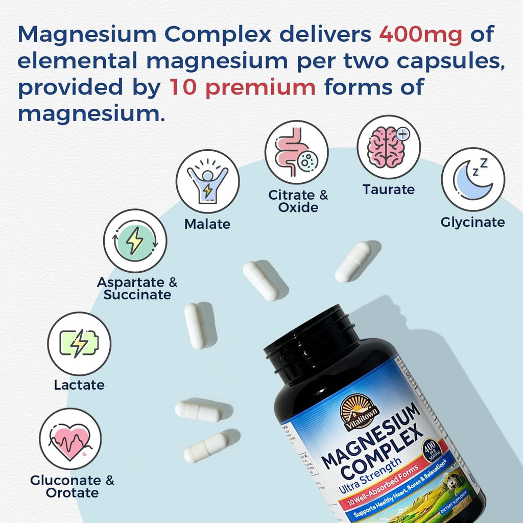 Vitalitown 10 in 1 Magnesium Complex Supplement - 400mg Elemental Magnesium Chelated with Glycinate, Citrate, Malate, Taurate & More - for Sleep Heart Energy, Non-GMO, Vegan, 240 Caps
