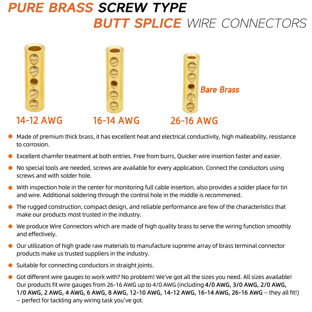 16-14 Gauge Wire Butt Connectors 20 PCS Brass Mechanical Butt Splice Connectors Kit 16-14 AWG Screw Sleeve Butt Splices Quick Connect Wire Connectors Mechanical Splices with 20 PCS 3:1 Heat Shrinks
