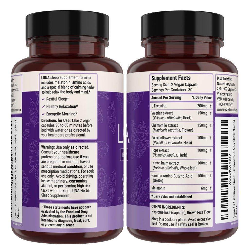 Nested Naturals Luna Sleep Aid - Non-Habit Forming Natural Sleeping Pills for Adults with Naturally Sourced Ingredients - Valerian Root, Melatonin, Chamomile, Lemon Balm, and More - 60 Vegan Capsules