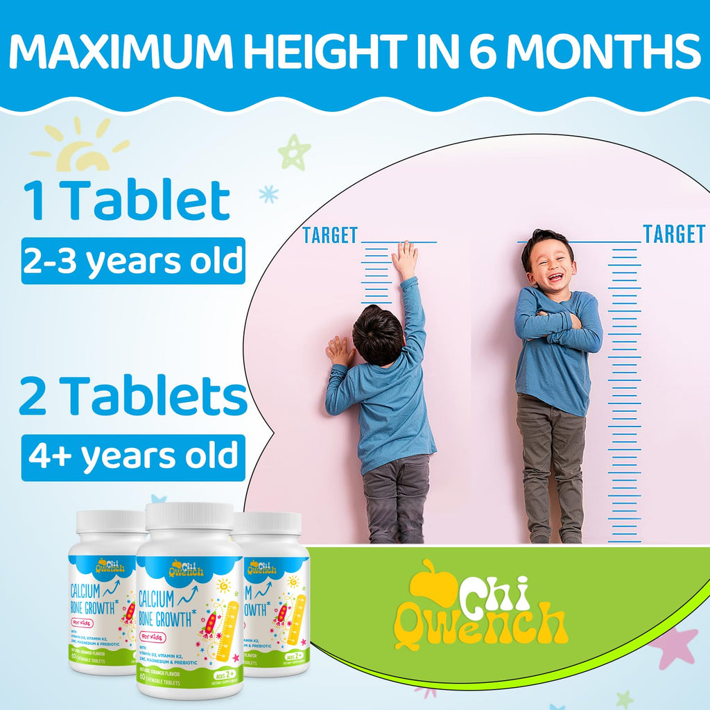 500 MG Calcium Supplement with Vitamin D3 & K2, Zinc, Magnesium & Prebiotics. Kids Vitamins for Kids' Height. Bone Strength, High Absorption, Orange Chewables, Gluten Free, 120 Tabs