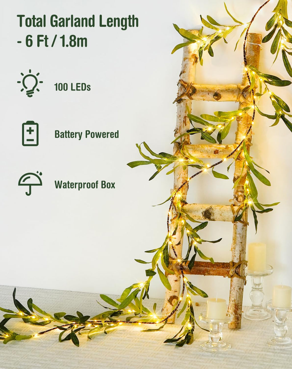 JMEXSUSS 100 LED 6 Ft Artificial Olive Lighted Garland for Fireplace Decor