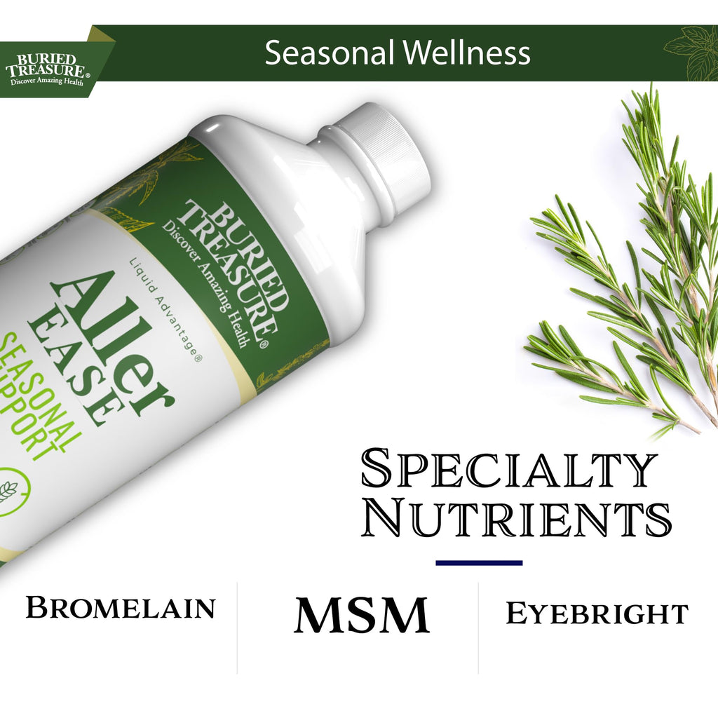Buried Treasures Aller Ease - 16 fl oz. Liquid Supplement w/ Quercetin, Bromelain, Mullein, Supports Immune, Sinus Comfort, Non-Drowsy Herbal Formula
