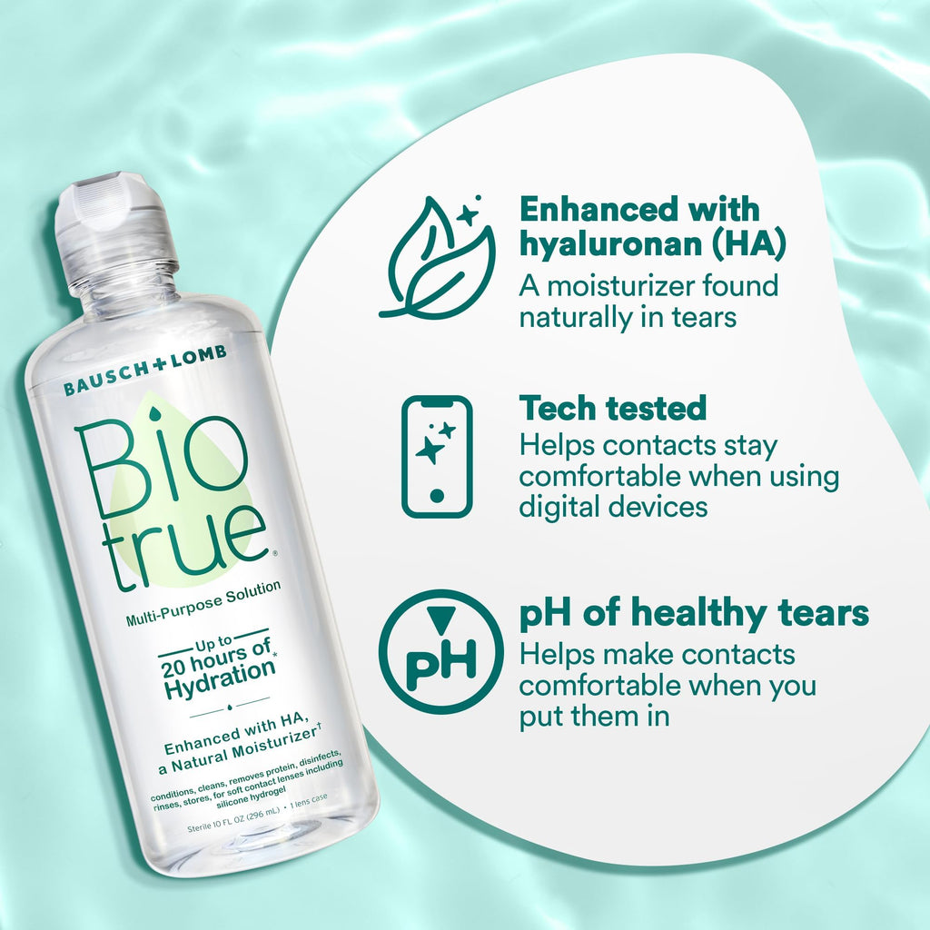 Biotrue Contact Solution, Multi-Purpose Solution with Lens Case, Cleans, Conditions, Hydrates, Disinfects, Removes Protein, Dirt & Debris, Contact Lens Cleaner & Storage, 10 Fl Oz (Pack of 2)