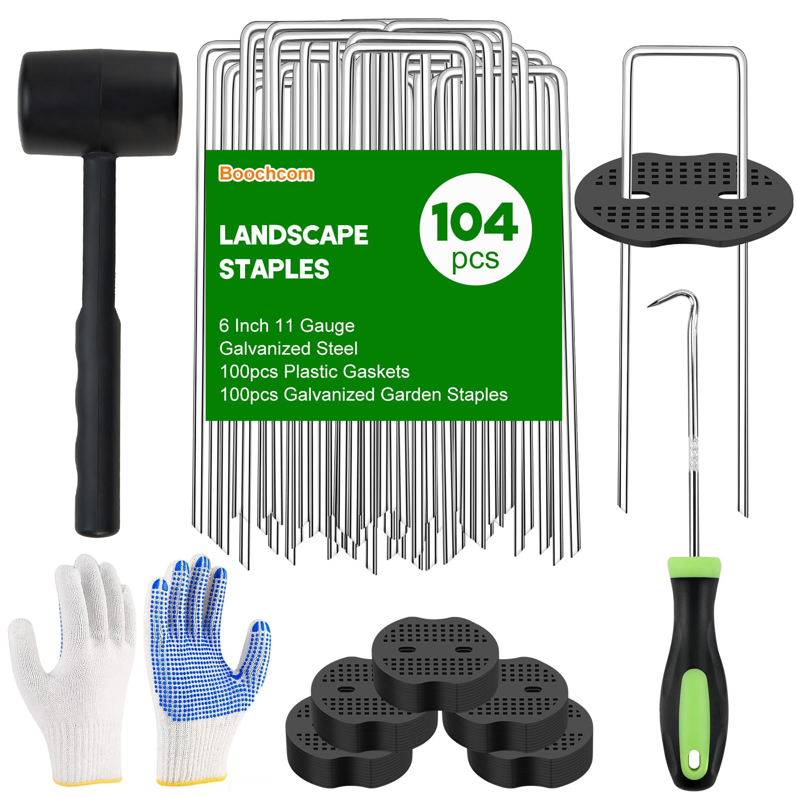 Landscape Fabric Staples with Rubber Hammer,6Inch 50pcs Galvanized Garden Pegs+ 50pcs Gaskets + Pick Hook + Gloves,Anti-Rust,U-Shaped Lawn Spikes,Yard Turf Pins for Weed Barrier,Ground Grass Cover