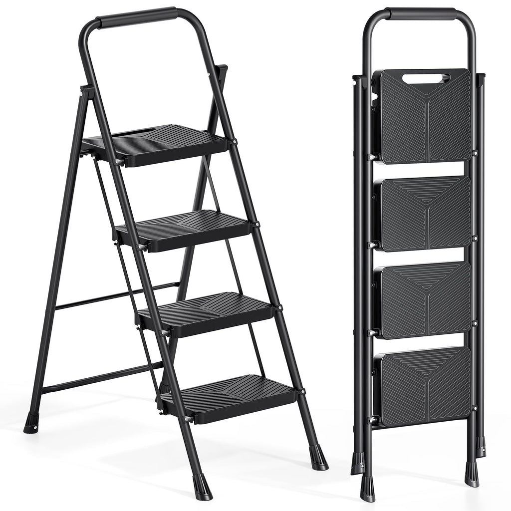 Urackify 4 Step Ladder, Portable Folding Ladder for Multi-Purpose, Home, Kitchen, Heavy Sturdy Steel Step Stool with Handrail, Anti-Slip Wide Pedals, Safe-Lock Design, Pass 500lbs Load Testing, Black