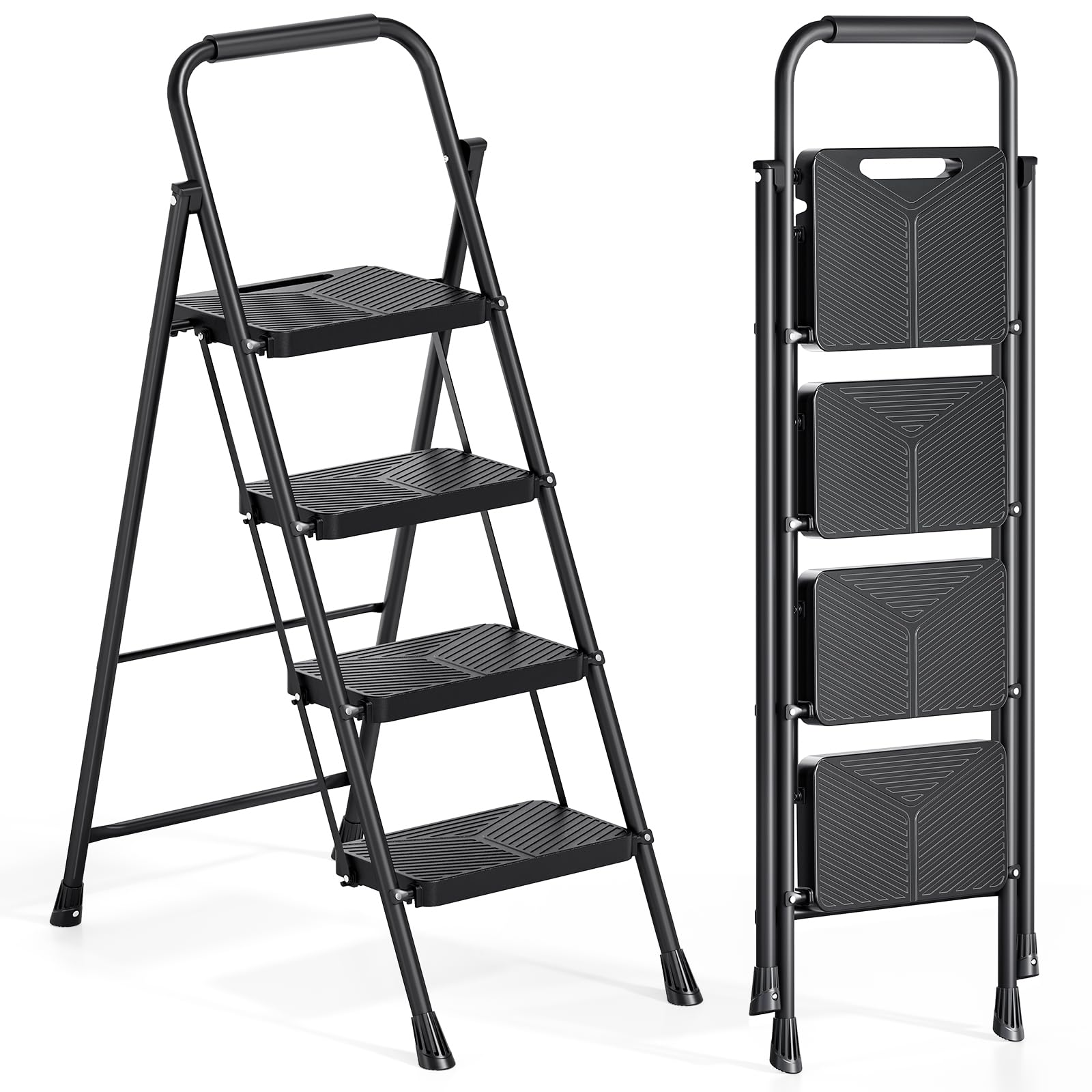 Urackify 4 Step Ladder, Portable Folding Ladder for Multi-Purpose, Home, Kitchen, Heavy Sturdy Steel Step Stool with Handrail, Anti-Slip Wide Pedals, Safe-Lock Design, Pass 500lbs Load Testing, Black