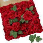 AmyHomie Dark Red Rose 50pcs Real Looking Artificial Flowers w/Stem
