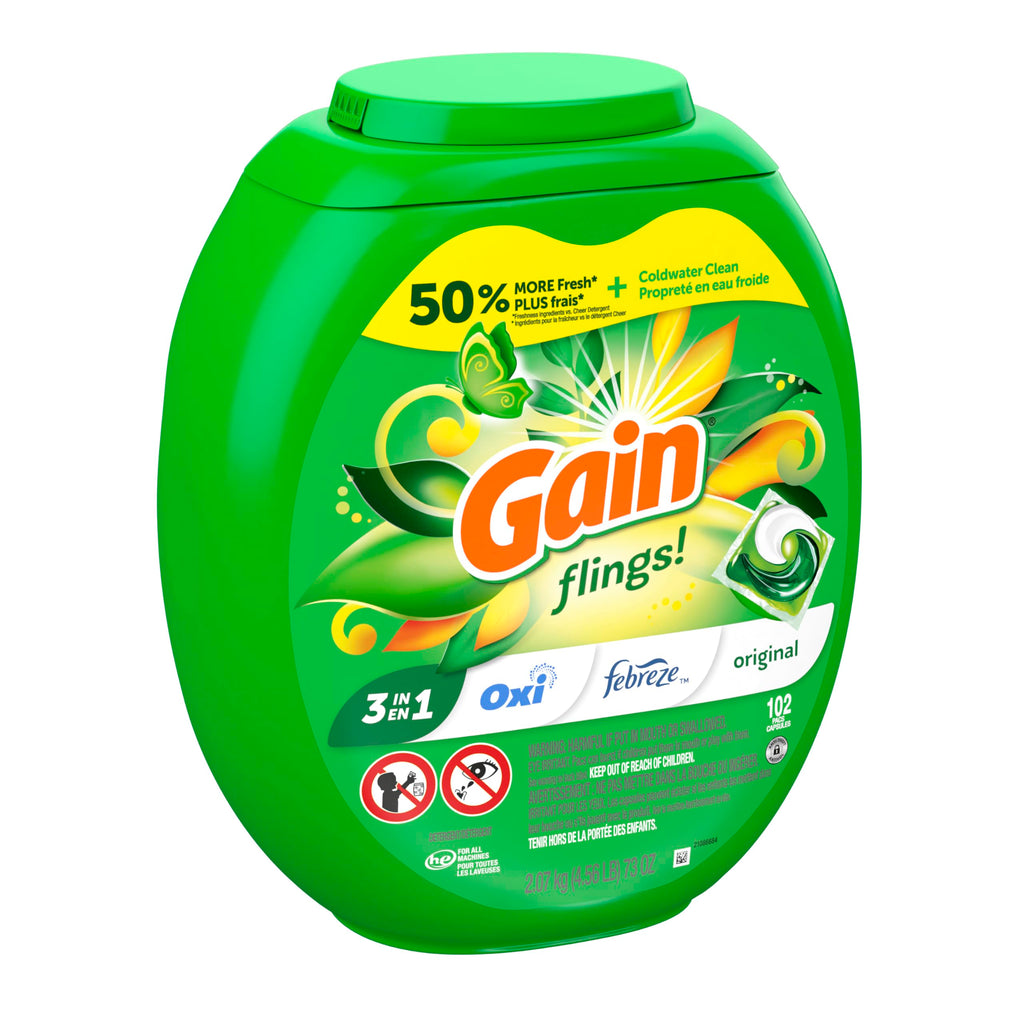 Gain Flings Laundry Detergent Pacs, 102 Count, Original Scent, with Odor Defense, concentrated laundry soap pacs