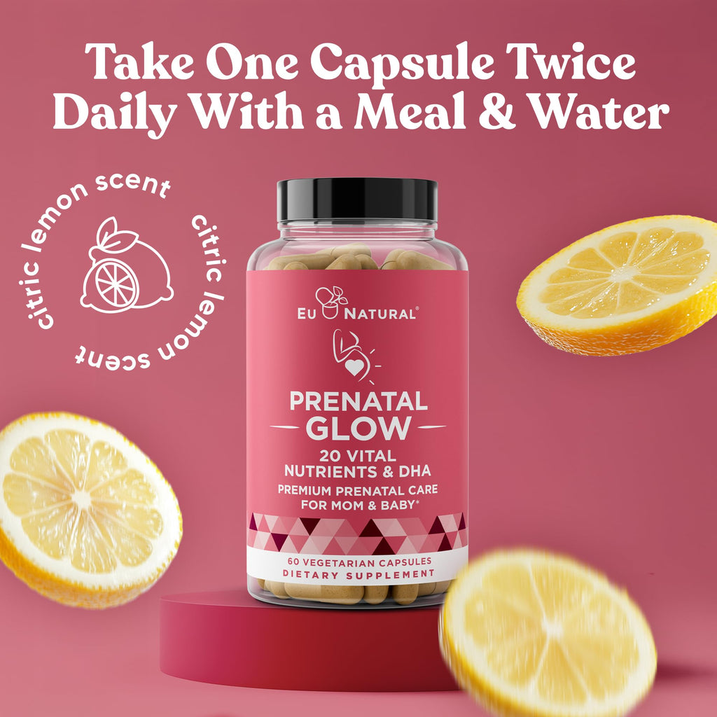 Eu Natural Glow Prenatal Vitamins for Women - 20-in-1 Prenatal Multivitamin with Folate & Vegan DHA - Supports Healthy Pregnancy, Fetal Development & Mom’s Comfort - 120 Vegetarian Capsules