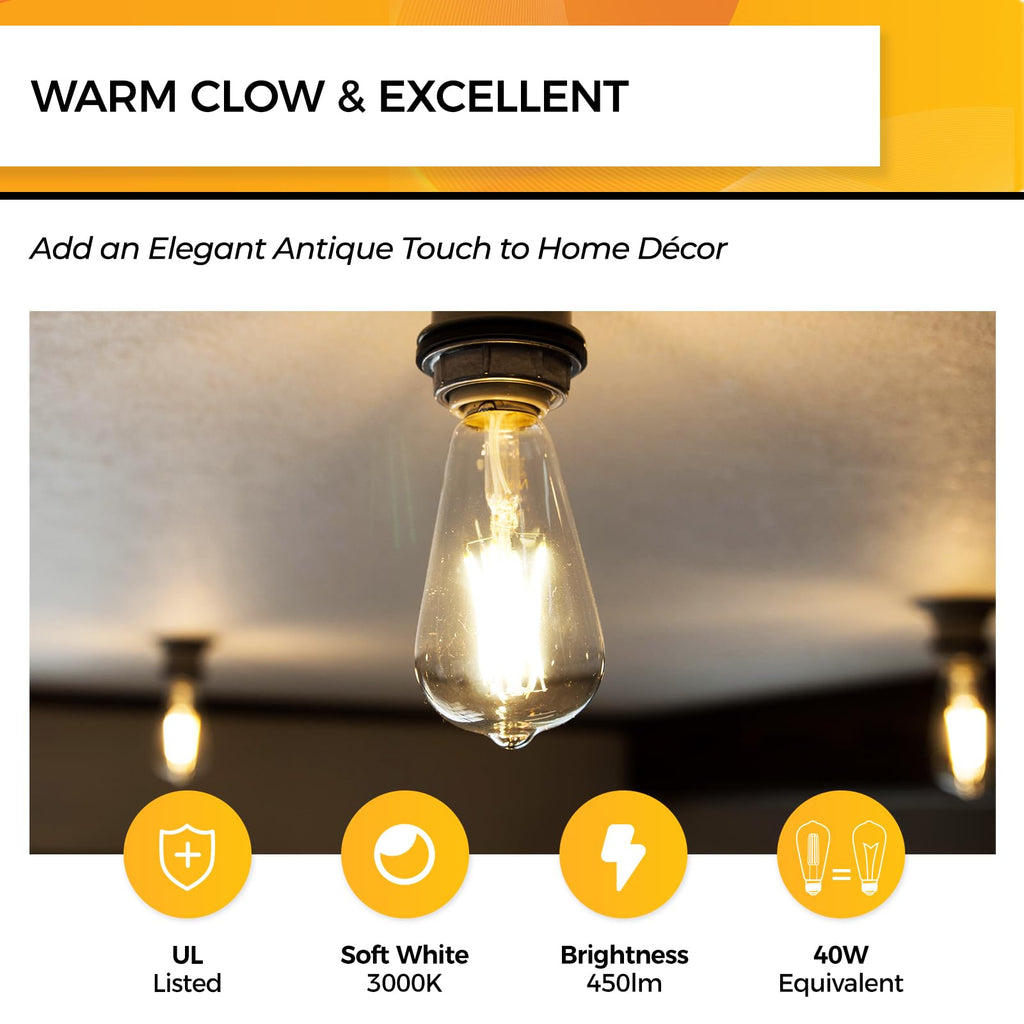 Hizashi LED Edison Bulbs, 4W, Equivalent 40W, Dimmable E26 LED Bulb, 3000K Soft White, 95+ CRI 450 Lumens, ST19 Vintage Light Bulbs, Clear Glass, Pack of 6