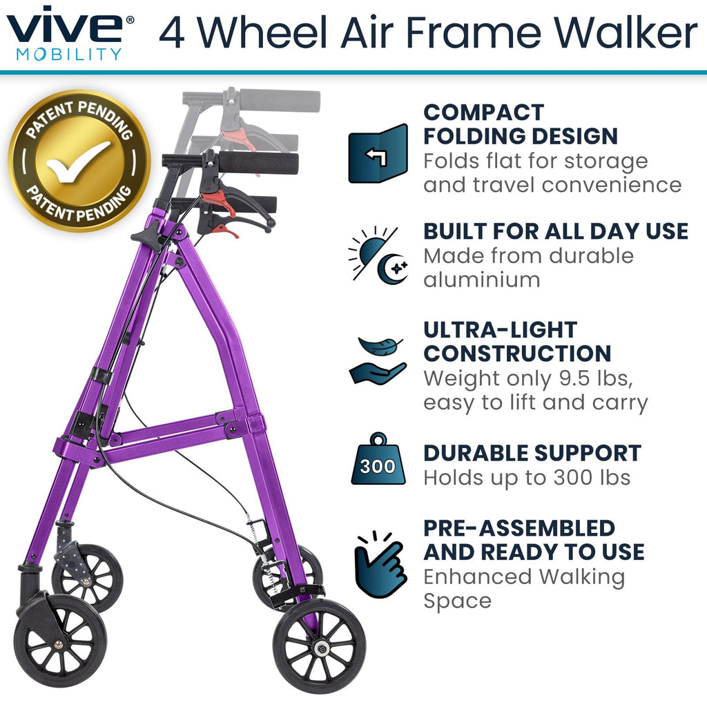 Vive Mobility Lightweight Walker for Seniors - Narrow, Folding Walker w/Wheels for Small & Tight Spaces - Light Weight for Balance, Compact Doorways, Foldable - Portable & Collapsible for Travel