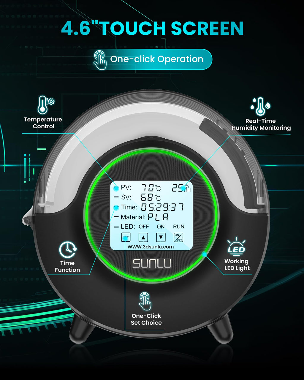 SUNLU Official Filament Dryer S2, Upgraded 3D Filament Dryer with 360°Heating Fan, Filament Dehydrator, One-Key Set with 4.6" Touch Sreen, Compatible with 1.75 2.85 3.00mm PLA PETG ABS Filament, Black