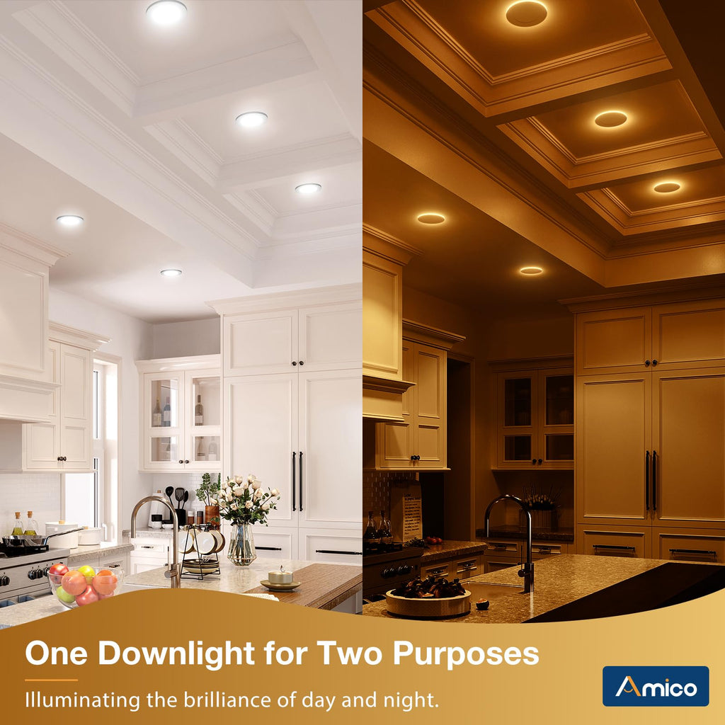 Amico 12 Pack 4 Inch 5CCT LED Recessed Ceiling Light with Night Light, 2700K/3000K/3500K/4000K/5000K Selectable Ultra-Thin Lighting, 10W=90W, 700LM, Dimmable Canless Wafer Downlight - ETL&FCC