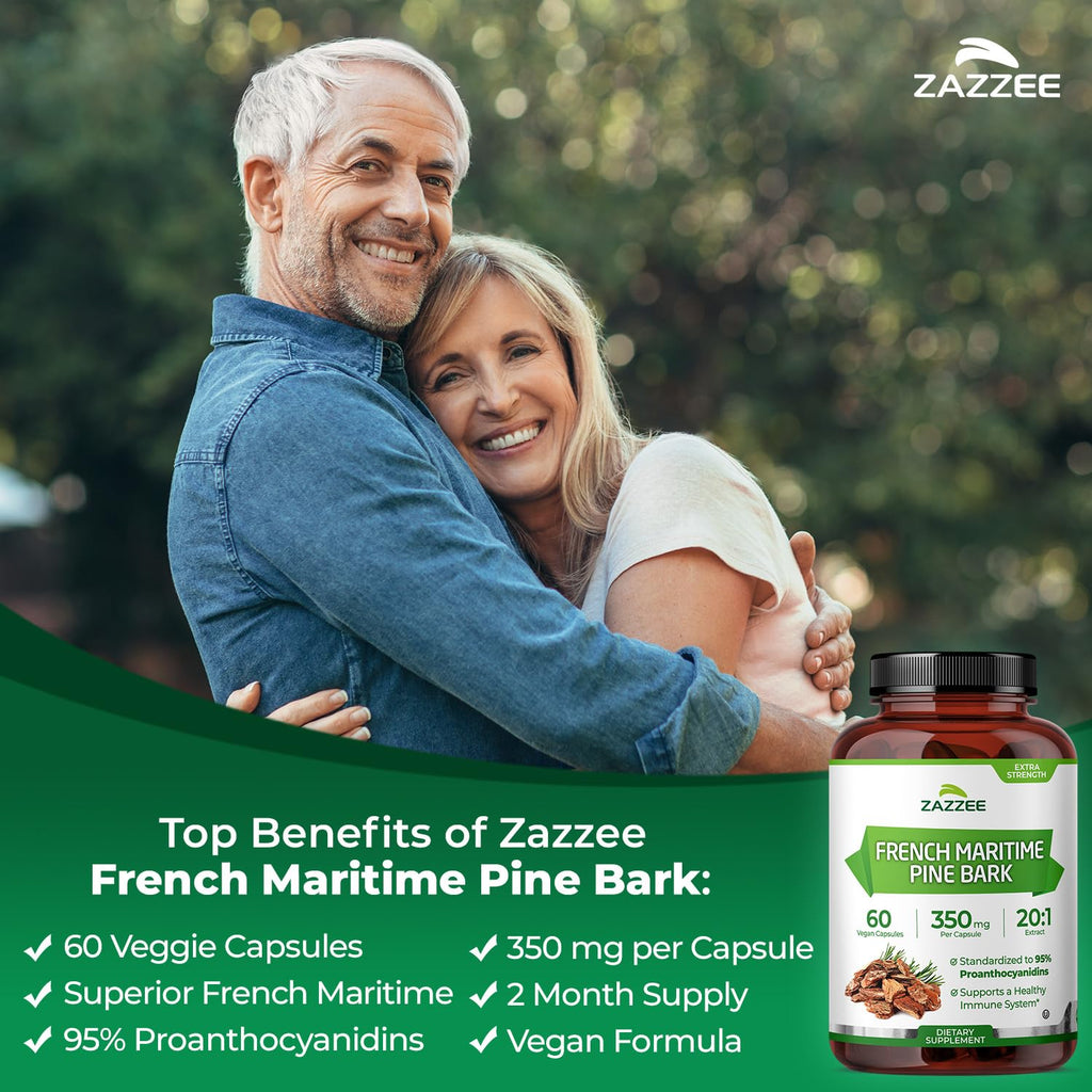 Zazzee Extra Strength French Maritime Pine Bark Extract 20:1, 350 mg Per Capsule, 95% Proanthocyanidins, 60 Vegan Capsules, 2 Month Supply, Certified Kosher, Antioxidant Support, Non-GMO, Made in USA