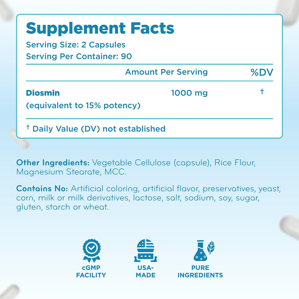 Diosmin 1000mg Circulation and Vein Support Supplement - High Strength Diosmin Varicose Leg Vein Supplement - Vegan Non-GMO & Gluten Free - Formulated in American cGMP Lab (90 Servings)