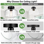 Lynnoland Industrial Semi Flush Mount Ceiling Light Black, Clear Glass Shade Ceiling Light Fixture, Farmhouse Light Fixtures for Hallway Corridor Kitchen Bathroom Bedroom Passway Foyer