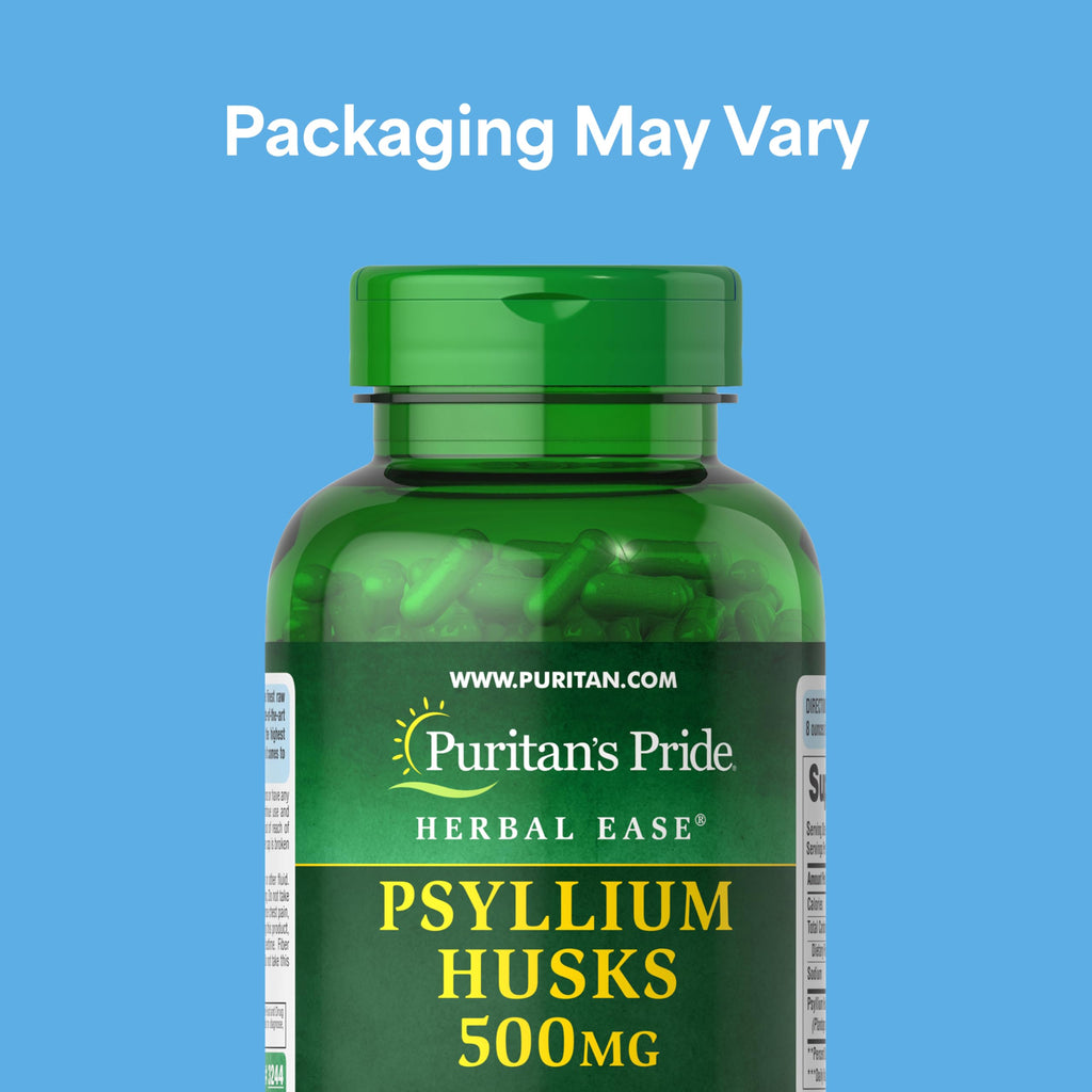Puritan's Pride Herbal Ease® Psyllium Husks 500mg, Dietary Supplement for Digestive, Colon, and Heart Health Support, Daily Fiber Capsules, 2 Month Supply, 400 Rapid Release Capsules