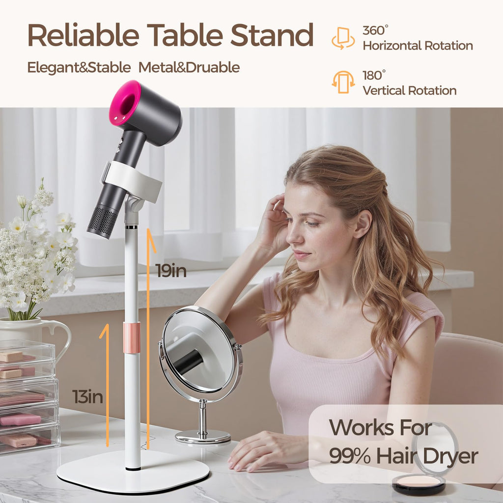 Hands Free Hair Dryer Stand Holder, Countop Blow Dryer Holder with 360 Degree Rotating, Height Adjustable, Universal Grip Works for 99% Blow Dryer (White)