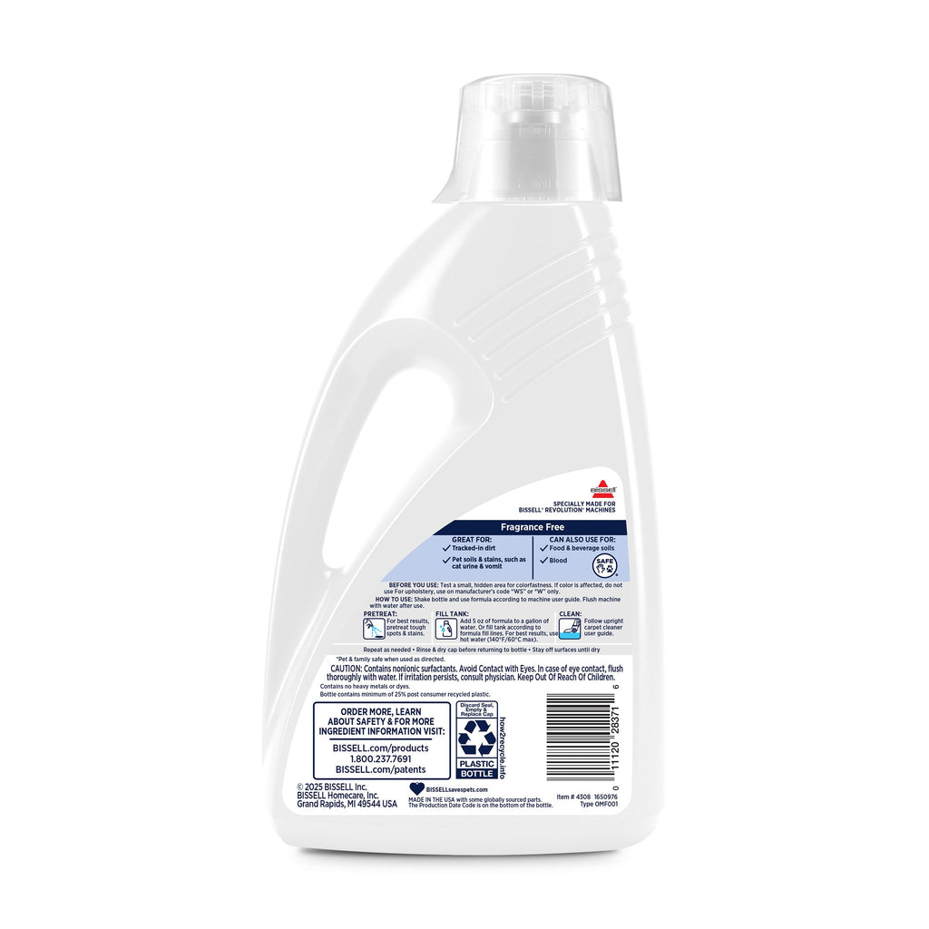 Bissell Free & Clear OXY Carpet Deep Clean Solution, for use in leading upright carpet cleaners, 60oz, Same powerful clean, gentle for families, Hypoallergenic formulation without dyes or fragrance