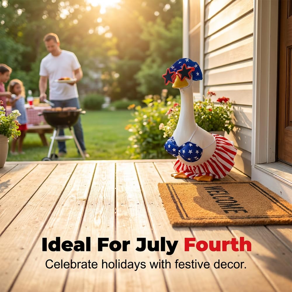TAQIYEZ Hawaiian Porch Goose Outfit with Sunglasses & Wreath, 4th of July Patriotic Goose Bikini Outfits for Lawn Patio Outdoor Decor