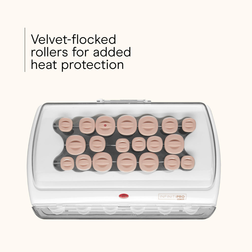 INFINITI PRO CONAIR Ceramic Flocked Hot Rollers for Women, 20 Assorted Hair Curlers with Clips, 85-Second Heat-Up, For Long, Medium, and All Hair, White