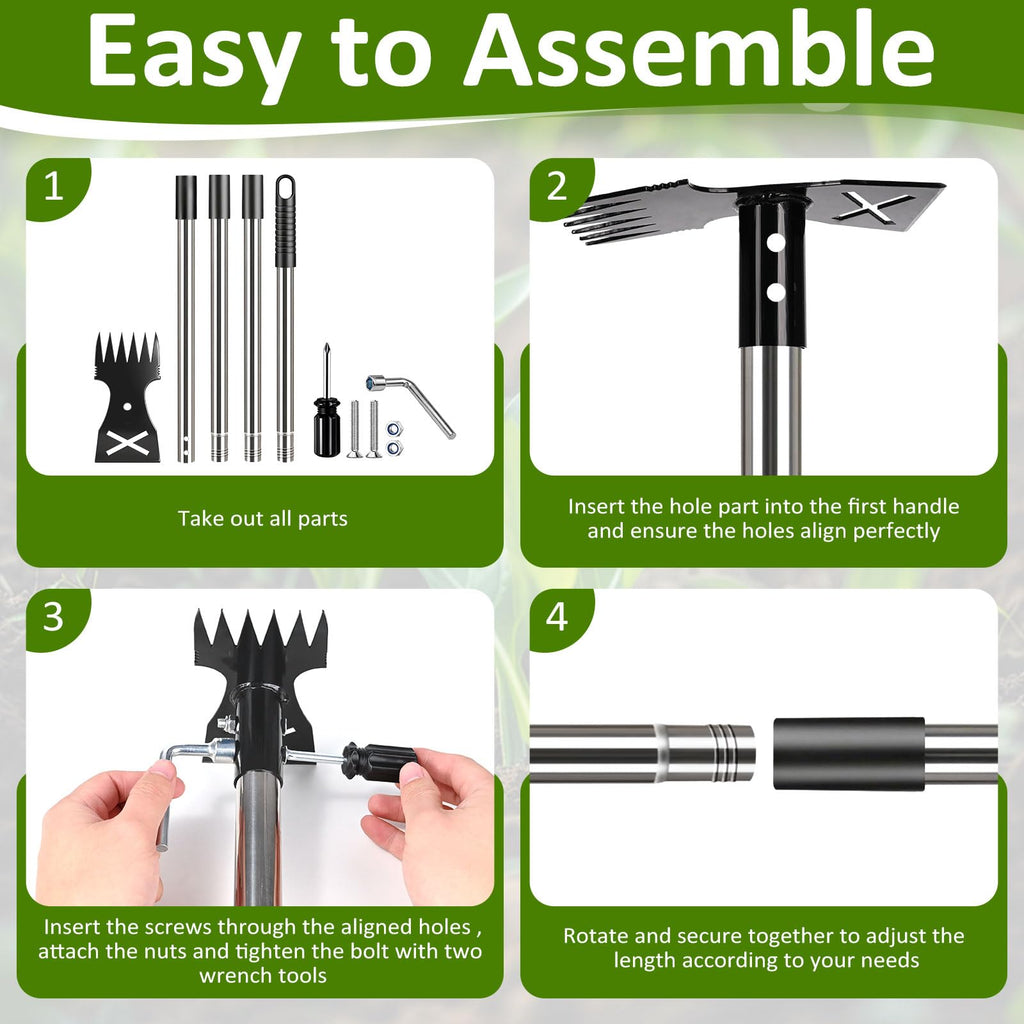 Weed Puller Tool with Long Handle - Adjustable Length Manual Weeder Remover Tool, 2 in 1 Hand Weed Rake and Garden Hoe for Gardening, Uprooting Weeding Tool for Yard, Lawn, Patio, Garden