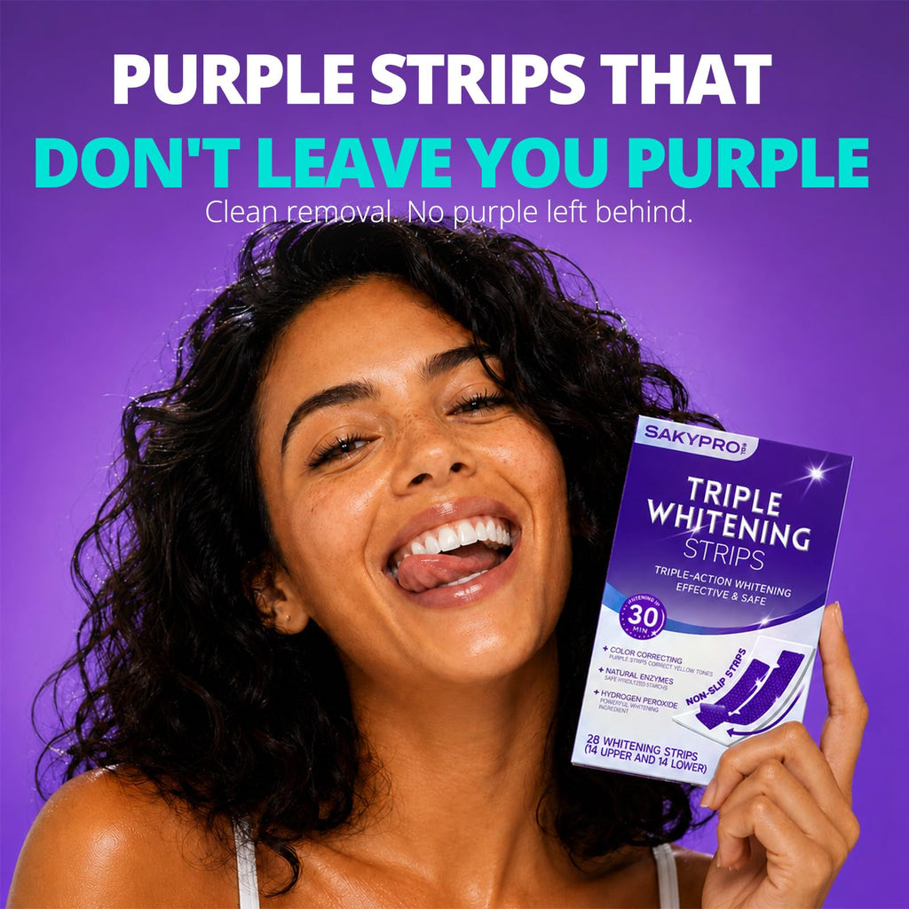 SAKYPRORAL Purple Whitening Strips, 90-Day Long-Lasting Results, Enamel Safe & Low-Sensitivity, Professional Teeth Whitening Strips with Non-Slip Dry Strip Technology (28 Count (Pack of 1))