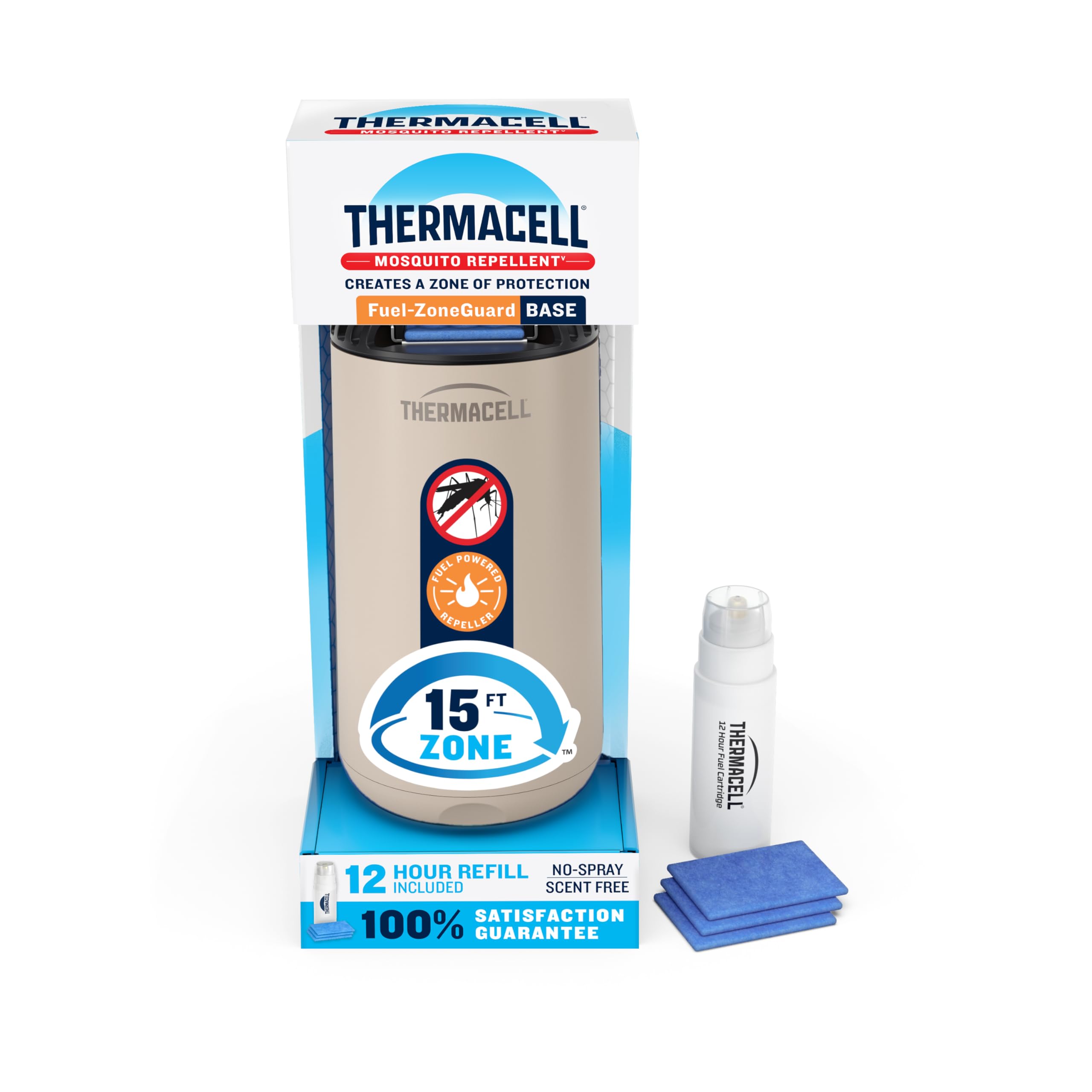 Thermacell Fuel-ZoneGuard Base Fuel Powered Mosquito Repeller; 15-Foot Zone of Scientifically Proven Outdoor Protection; Patio Shield; 12-Hr Refill; DEET-Free; Bug Spray Alternative; Scent-free; Linen