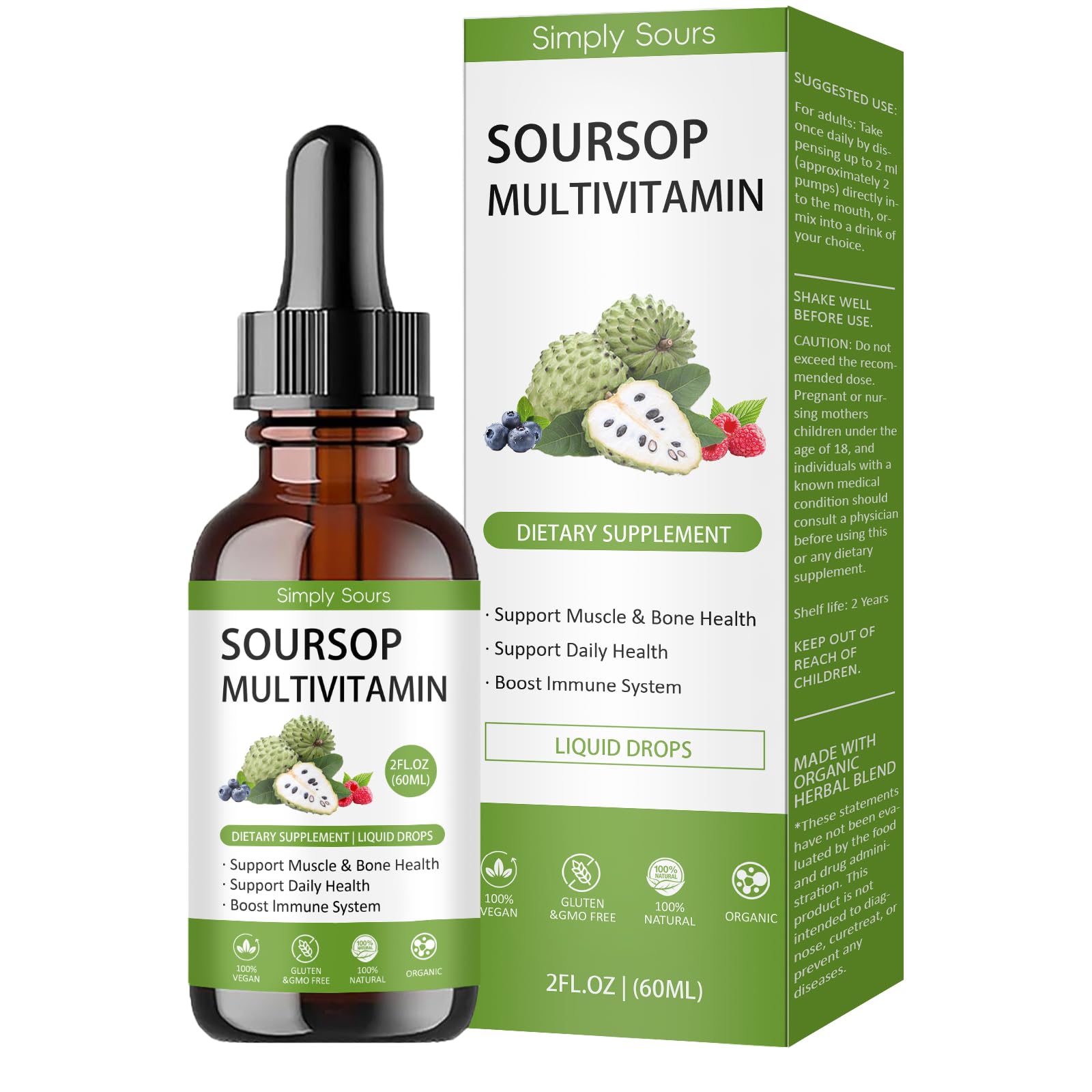 Simply Sours Organic Soursop Graviola Extract Drops - 5000mg Pure Leaf & Fruit Liquid Supplement, 2 fl oz