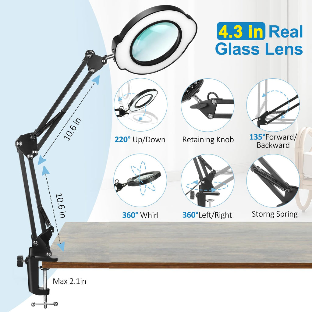 Upgrade 12X Magnifying Glass with Light and Stand, Real Glass Magnifying lamp, 5 Color Modes Stepless Dimmable,84LEDs Desk Lamp, Magnifier with Light Hands Free for Close Work, Reading Craft Repair