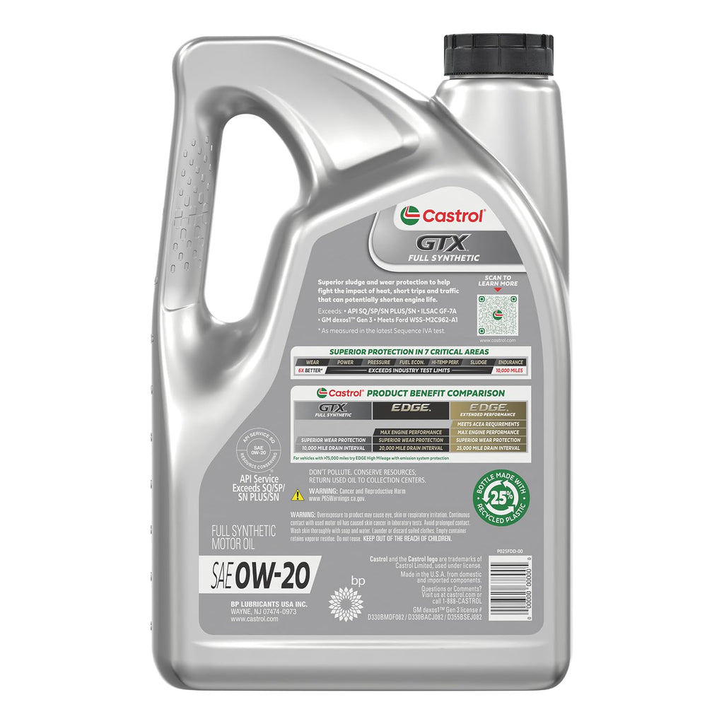 Castrol GTX Full Synthetic 0W-20 Motor Oil, 5 Quarts