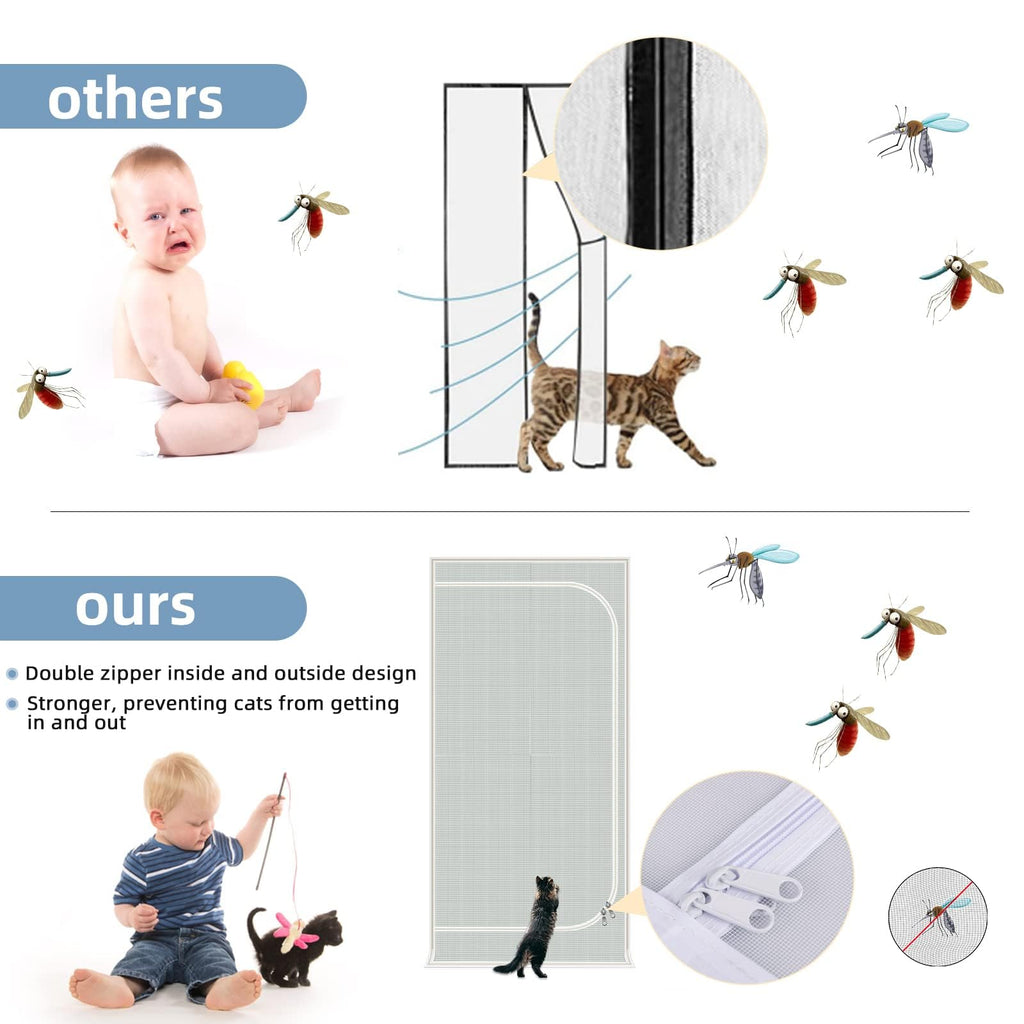 Reinforced Cat Screen Door, Zipper Mesh Screen Door Fits 38''x 82'', Cat Resistant - For Living Room, Bedroom, Kitchen