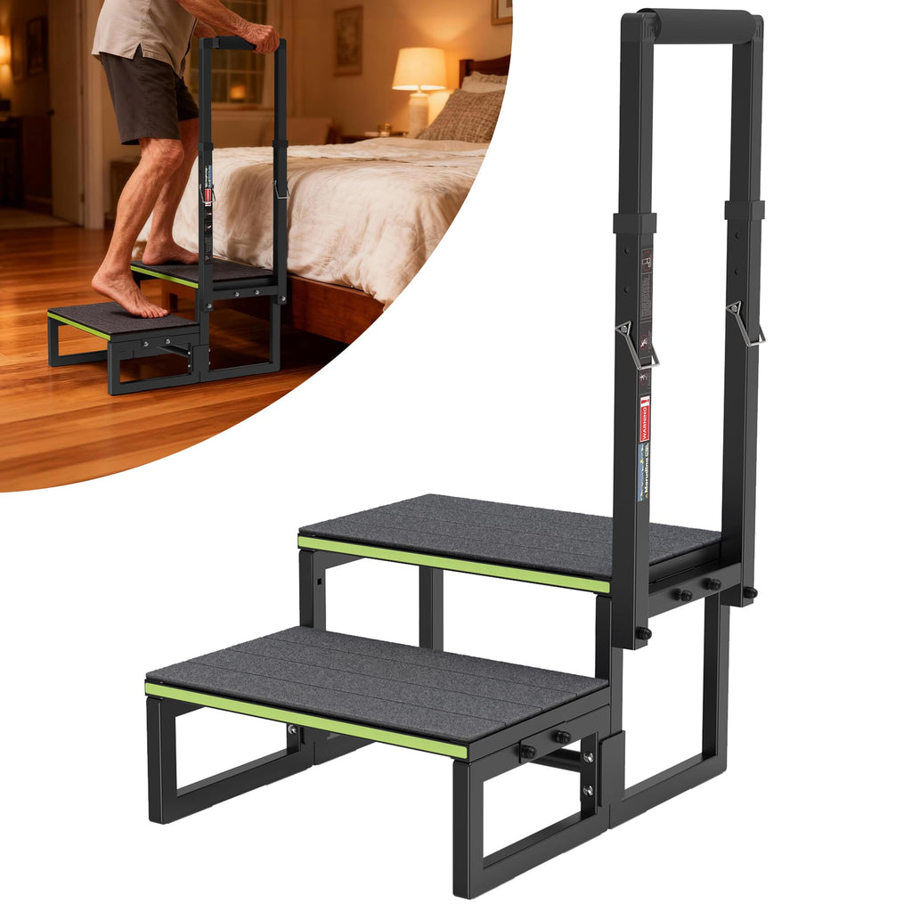 2 Step Stool with Handle for Elderly,Bed Steps for High Beds for Adults,Seniors,Heavy Duty Step Stool with Adjustable Handrail/Removable Cover/Glow Strip for Bathtub,Kitchen,RV