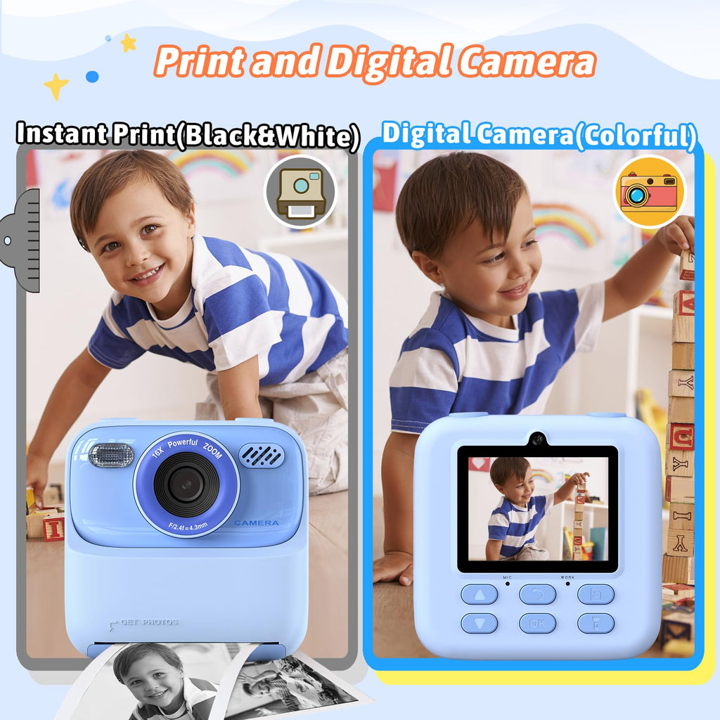 Kids Instant Digital Cameras for Boys and Girls, 1080P HD Dual-Lens Selfie Digital Camera with Print Paper & TF Card, Christmas Birthday Gifts Toys for Toddler and Teenagers Age 3-16 Years Old
