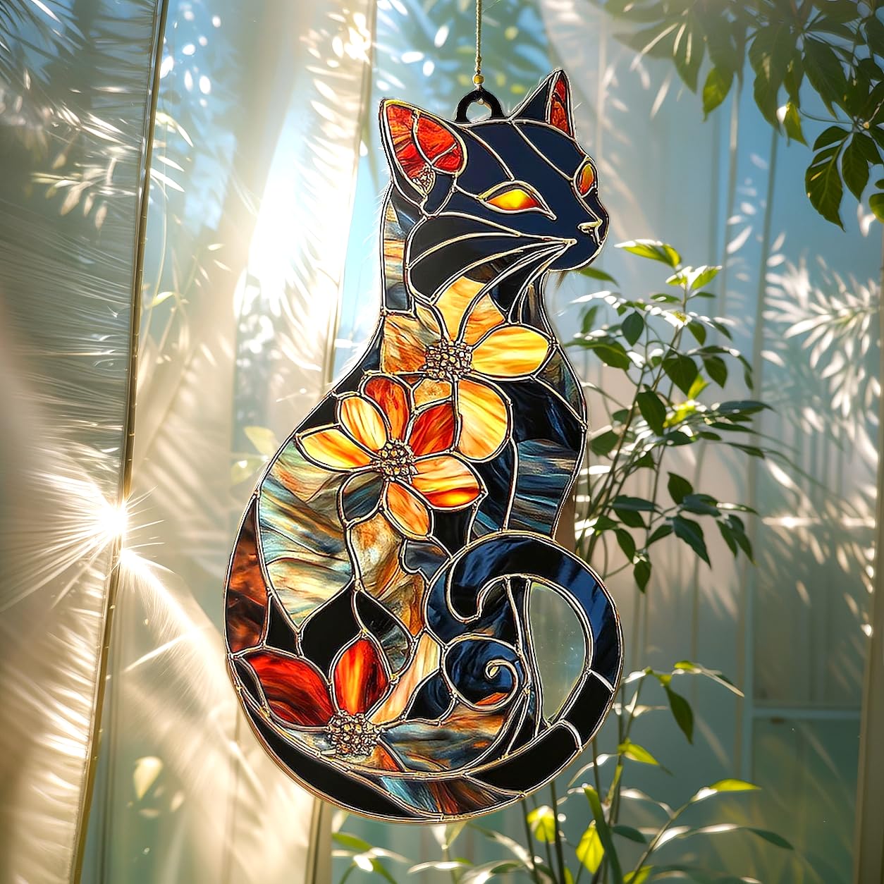 XISZYS Floral Black Cat Acrylic Suncatcher Size 6 inches, Boho Stained Glass Effect Window Hanging Ornament, Garden Decor, Gift for Mother's Day