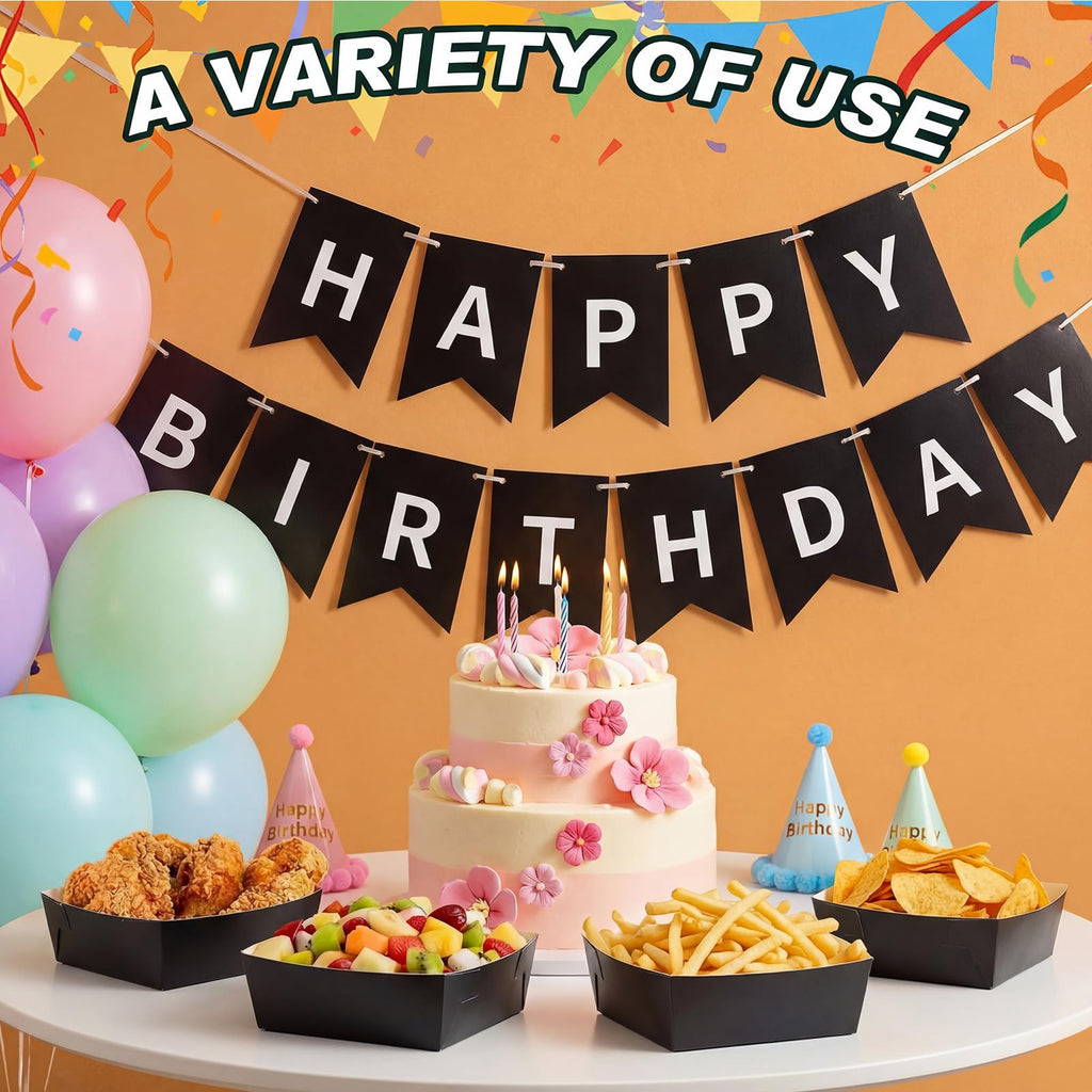 Uiifan 50 Pcs 5 lb Extra Large Paper Food Trays Disposable Food Boat Nacho Plate Serving Snack Trays Grease Resistant Self-assembly for Graduation Birthday Wedding Party Supply (Black)