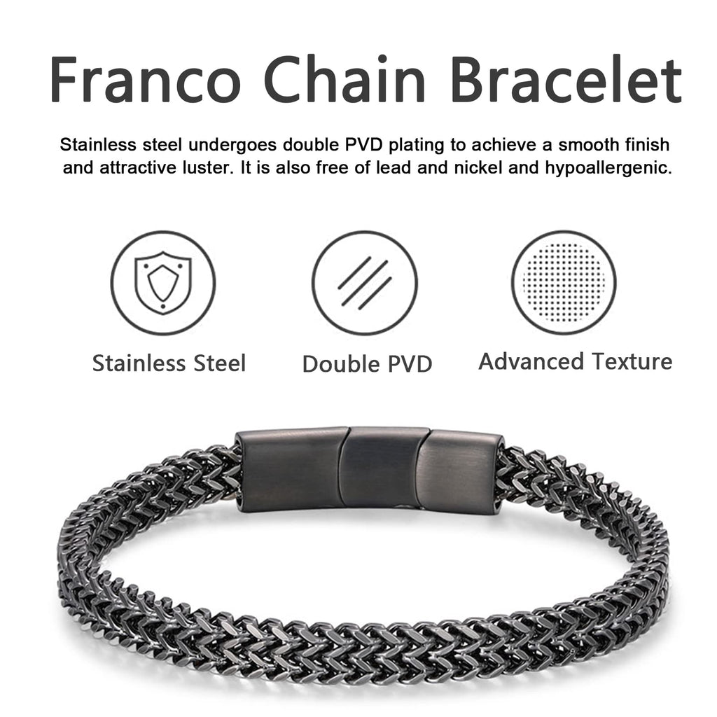 Qumfole Mens Bracelet-Stainless Steel Magnetic Clasp Franco Chain Bracelets for Men Gunmetal