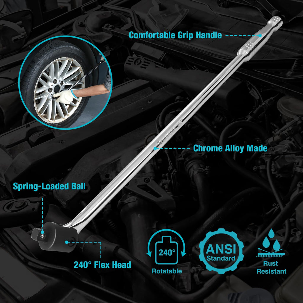 DURATECH Breaker Bar, 1/2'' Drive 24-Inch Breaker Bars Heavy Duty, with 240° Flex Head, Spring-loaded Detent Ball, Premium Chrome Alloy Made