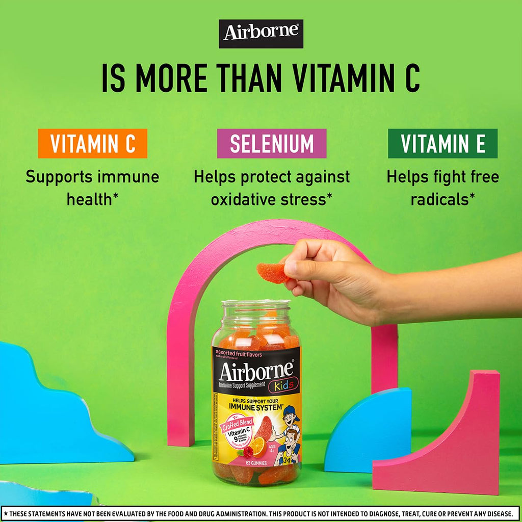 Airborne Kids 500mg Vitamin C Gummies, Kids Immune Support Zinc Gummies with Powerful Antioxidants VIT C & E - 63 Gummies, Assorted Fruit Flavor (Pack of 4)